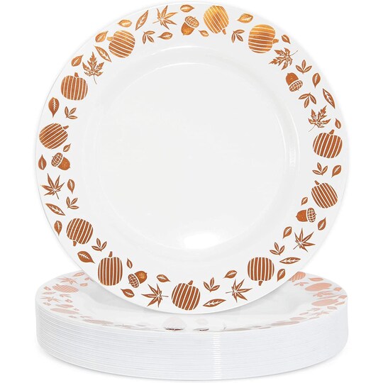 Plastic Thanksgiving Plates, Copper Foil Leaf Trim, Fall Tableware